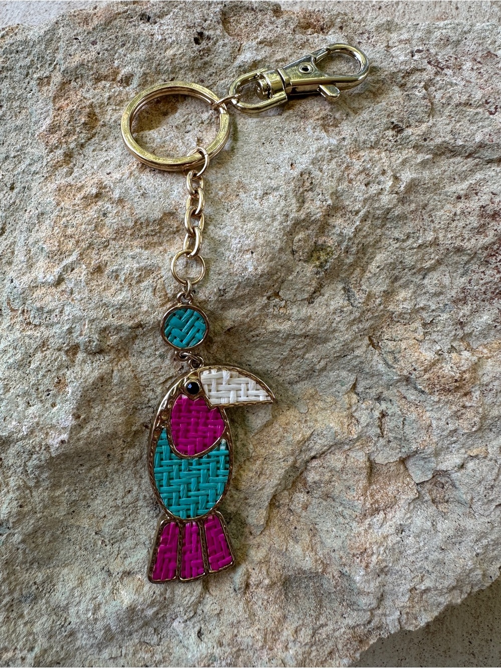 Gold Toucan Keychain Charm in Turquoise, Pink & White - Picture 2 of 7